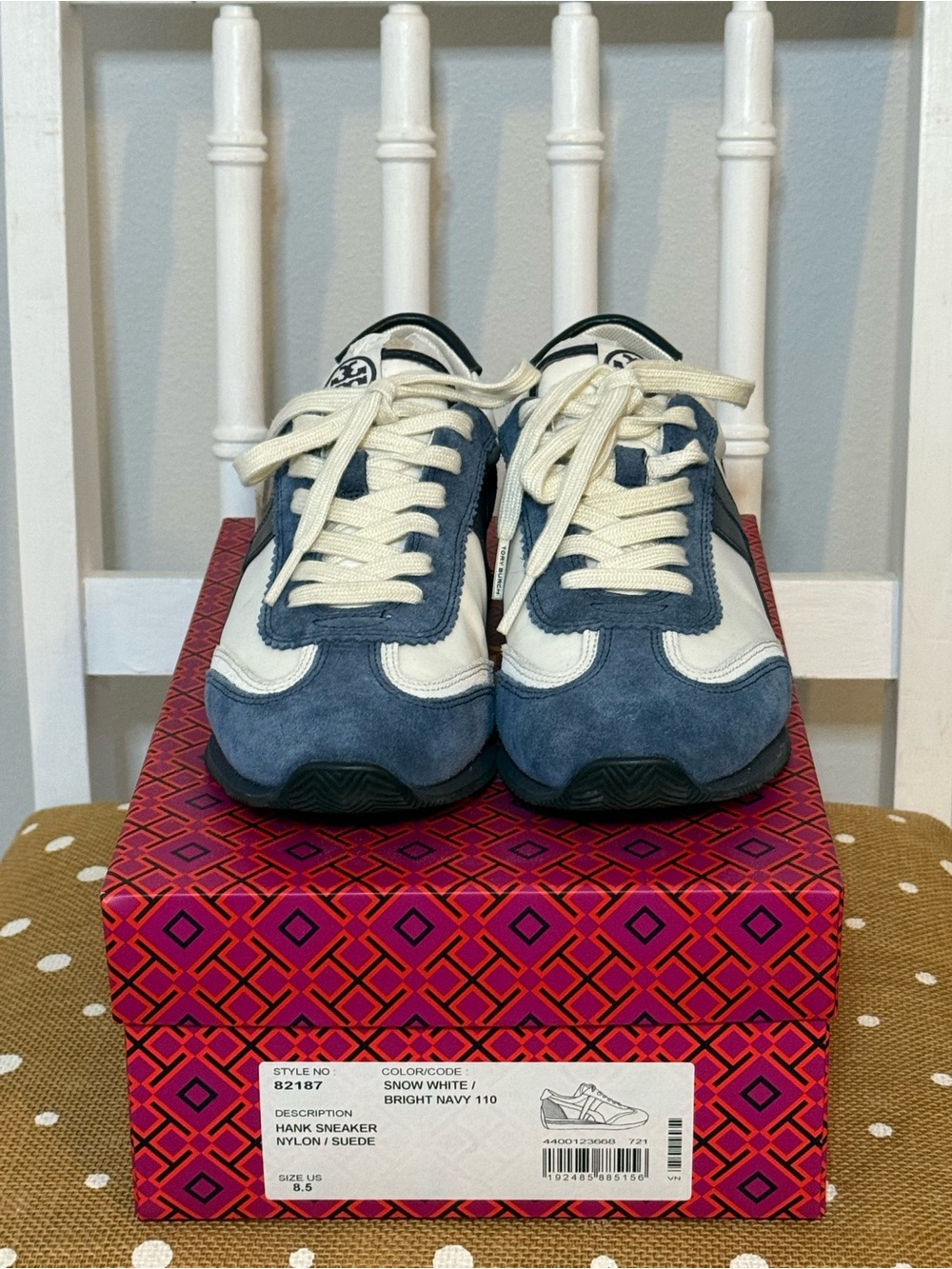 Tory Burch Hank Sneakers Navy White Suede Leather Retro 8.5